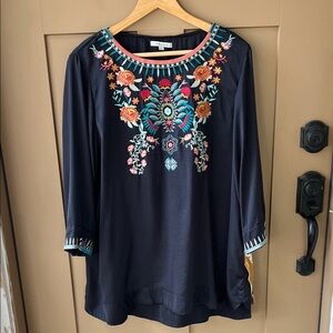 John Mark Black Boho Embroidered Mix Media Tunic Top XL